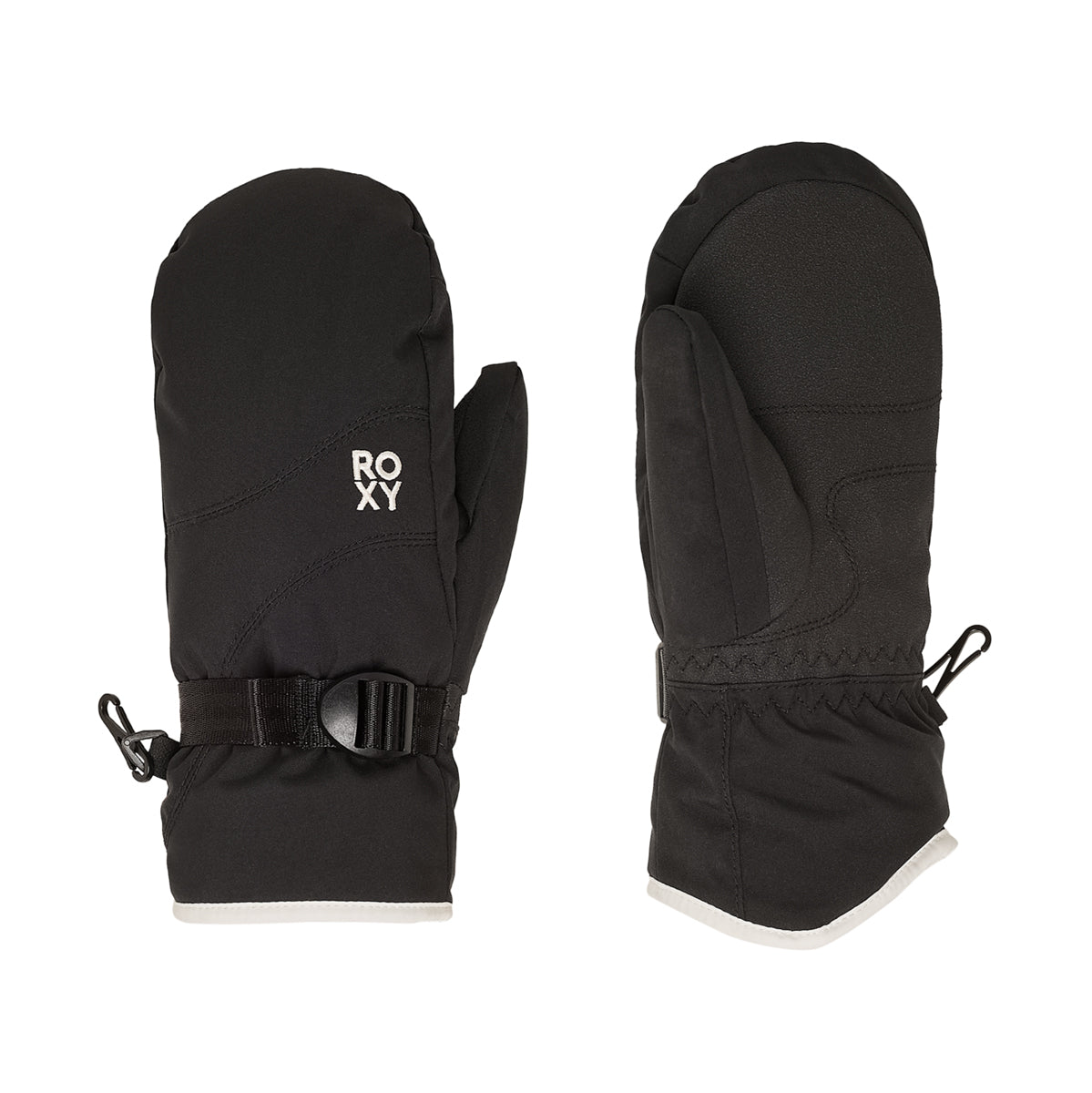 A pair of black Roxy winter mittens shown from both the front and back views against a plain white background.
