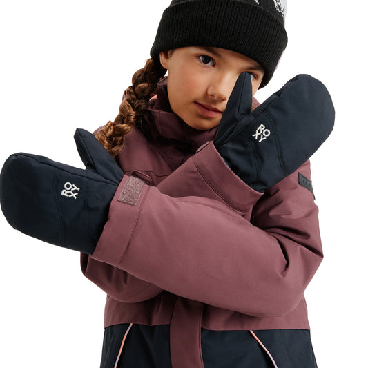 A child wearing a burgundy and black ski jacket, black mittens with white ROY logos, and a black beanie against a solid white background.