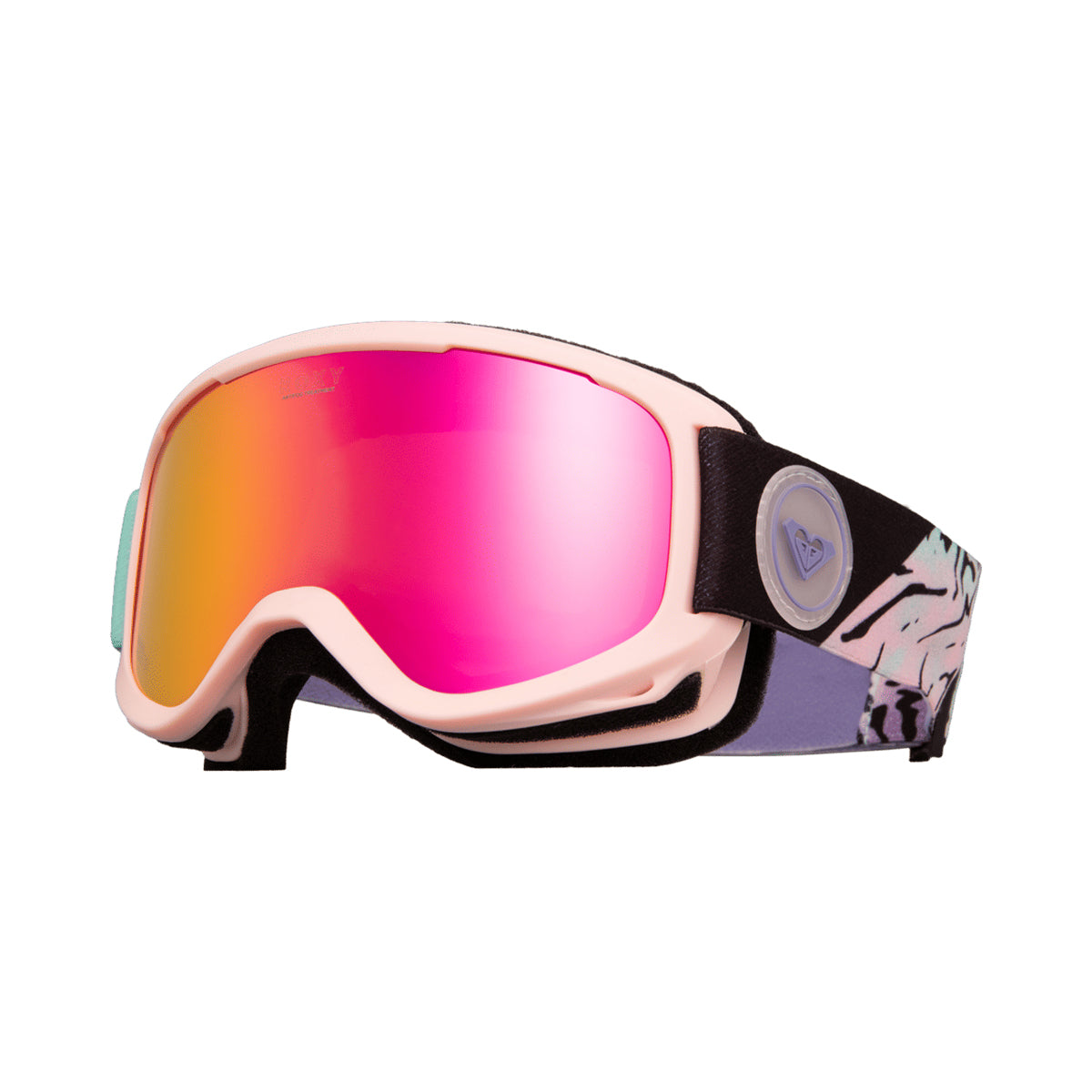 Snow goggles for girls with a light pink frame, a large mirrored pink-to-orange lens, and a black patterned strap with a circular logo badge, shown on a plain white background.