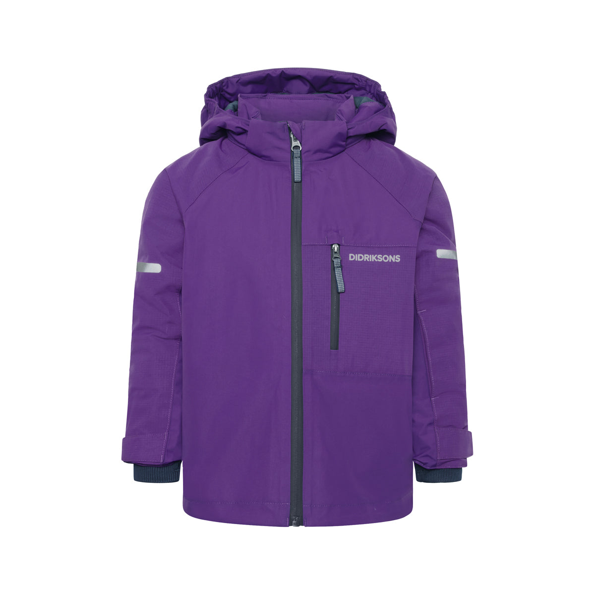 Purple kids jacket with a brand logo on a white background