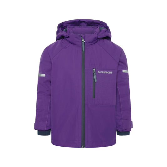 Purple kids jacket with a brand logo on a white background