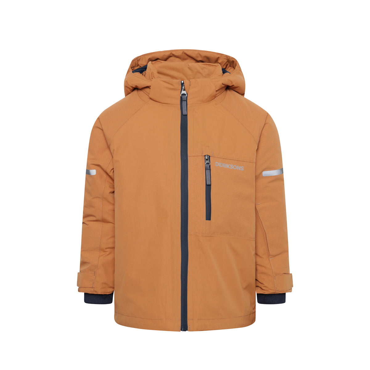 Brown winter jacket with a hood on a white background