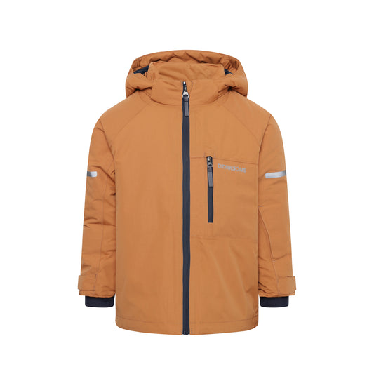 Brown winter jacket with a hood on a white background