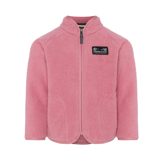 Pink fleece jacket with a brand logo on a white background