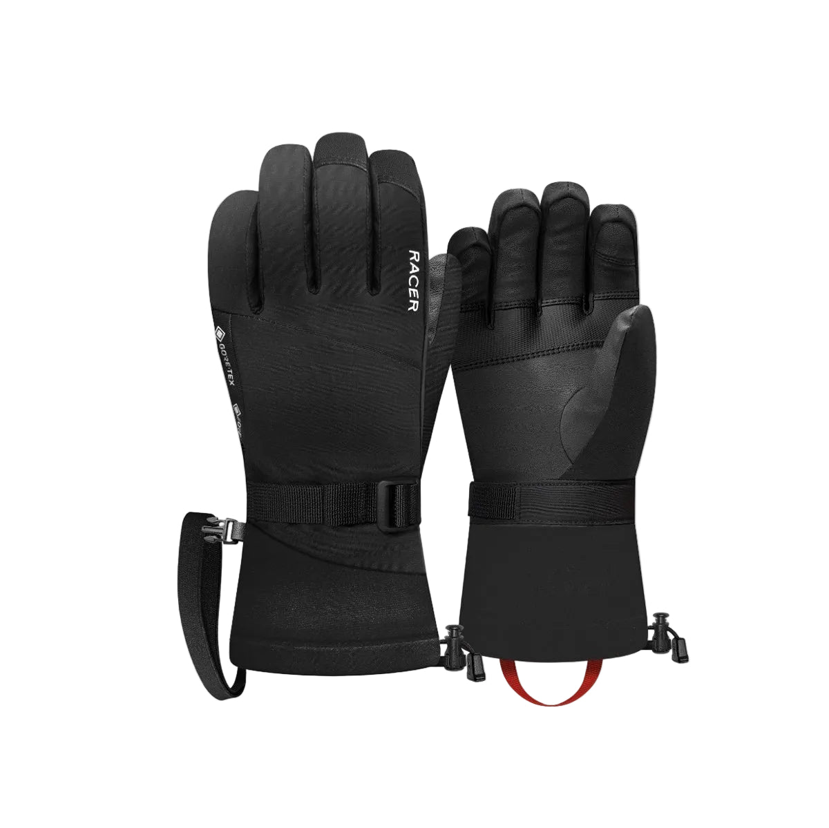 Kids black Gore-tex gloves with Racer Logo on white background