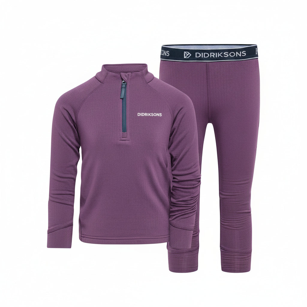 Purple thermal shirt and pants set with 'Didriksons' branding on a white background