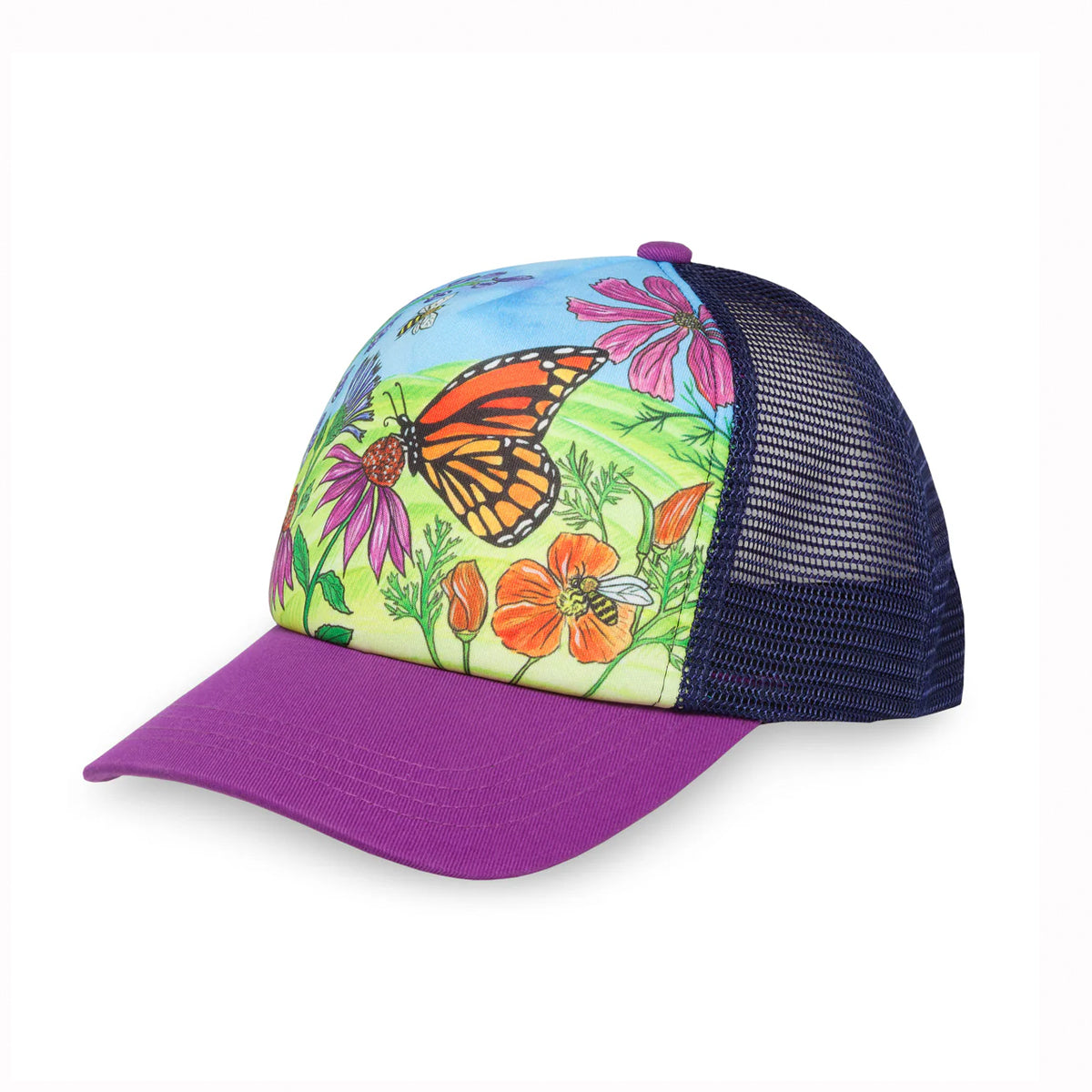 Kids trucker hat on white background, with a purple brim and butterfly motif.