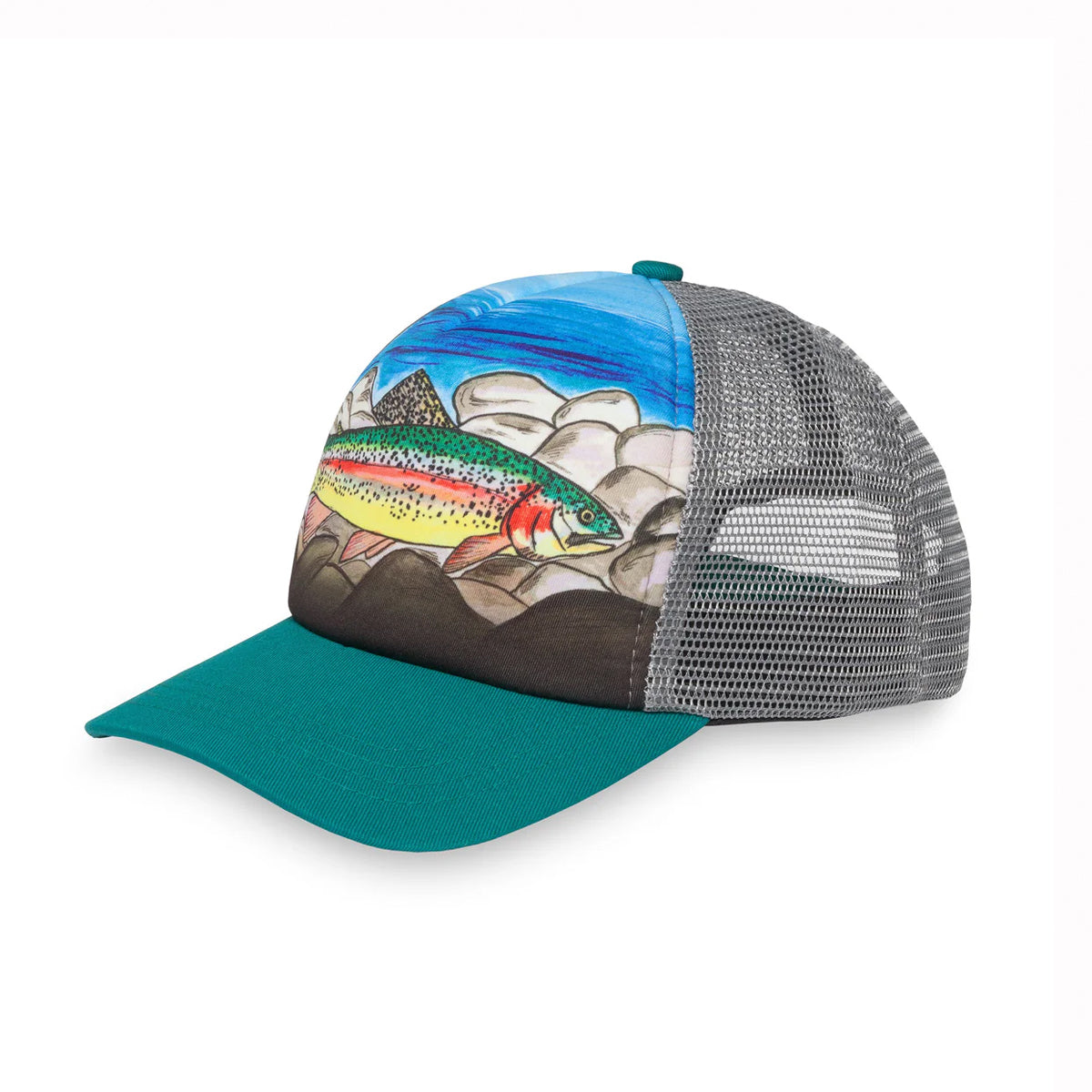 Trucker hat with fish and nature design on a white background