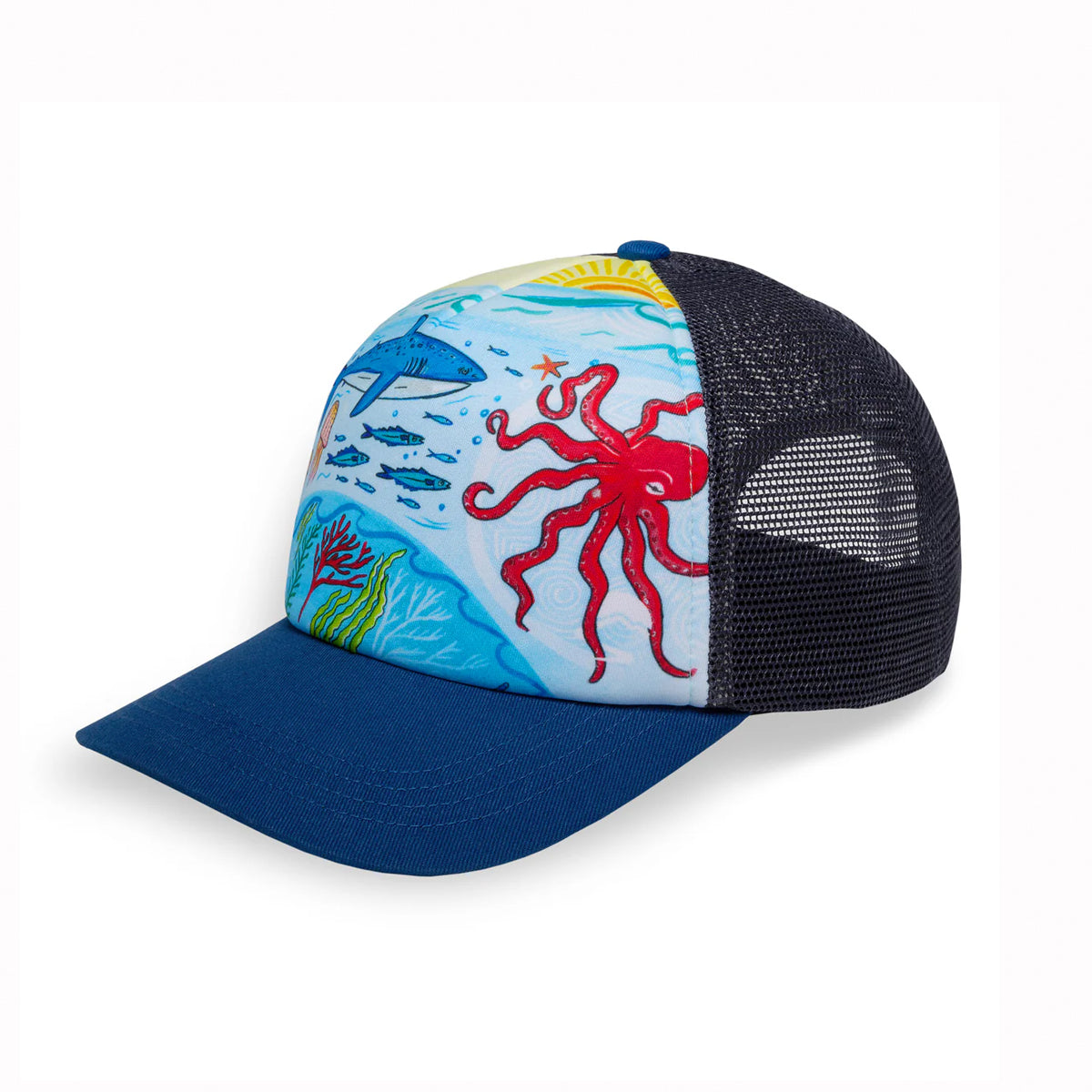 kids trucker hat with a blue rim and under water motif on front panel. on a white background