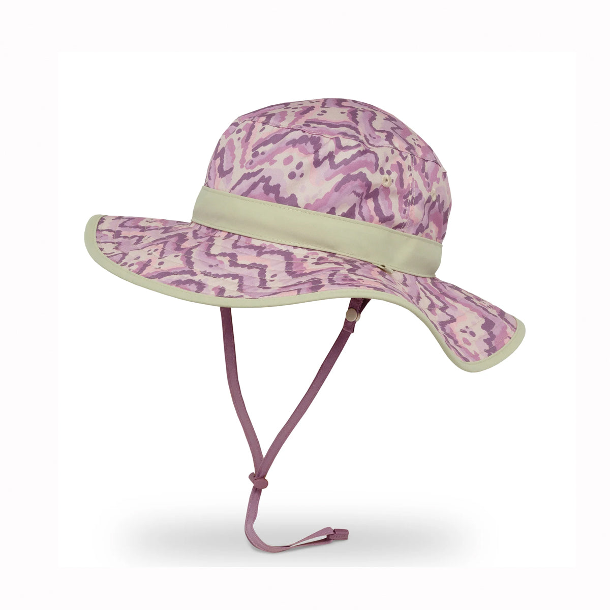 Pink and purple patterned kids sun hat with a beige band on a white background.