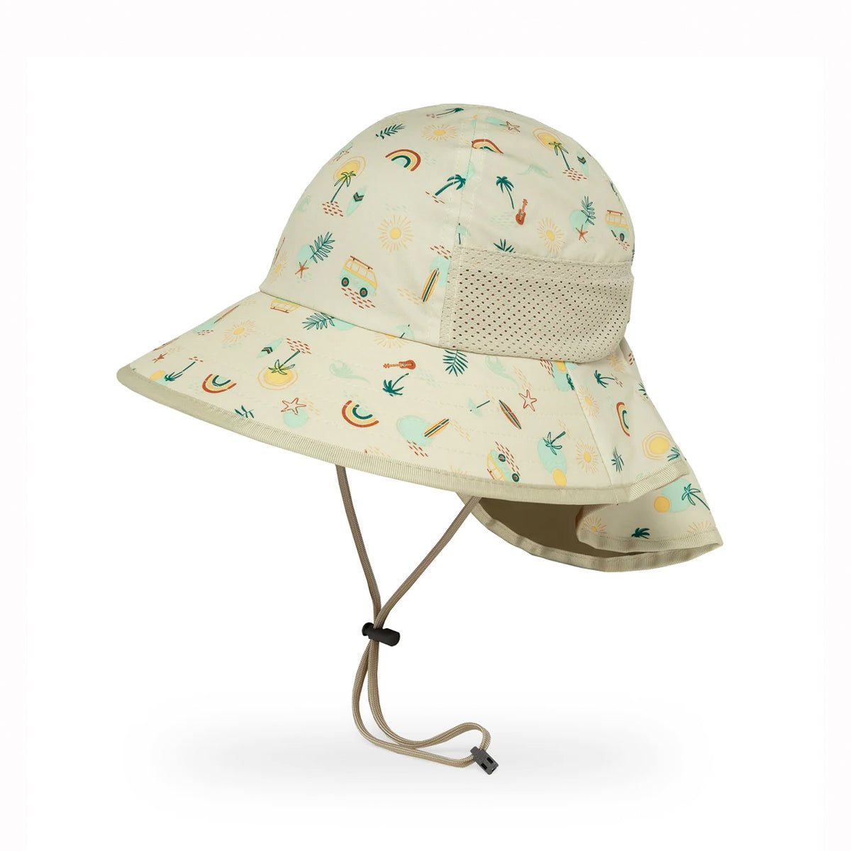 Beige kids sun hat with colorful patterns on a white background