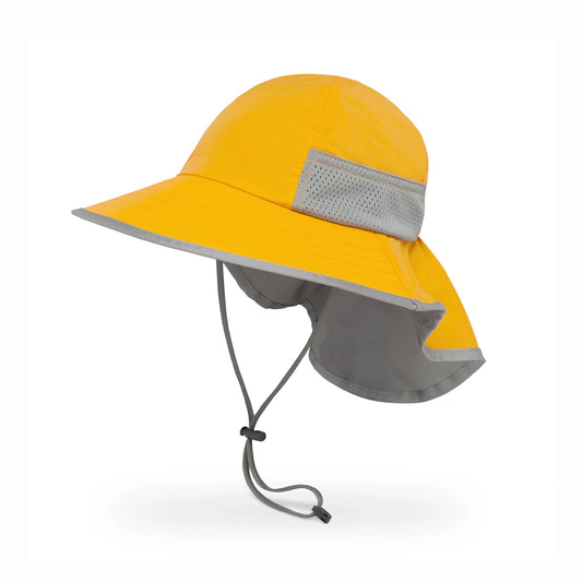 Yellow and gray kids sun hat with a drawstring on a white background