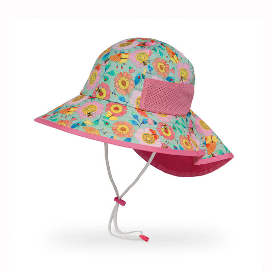 Floral patterned kids sun hat with pink accents on a white background
