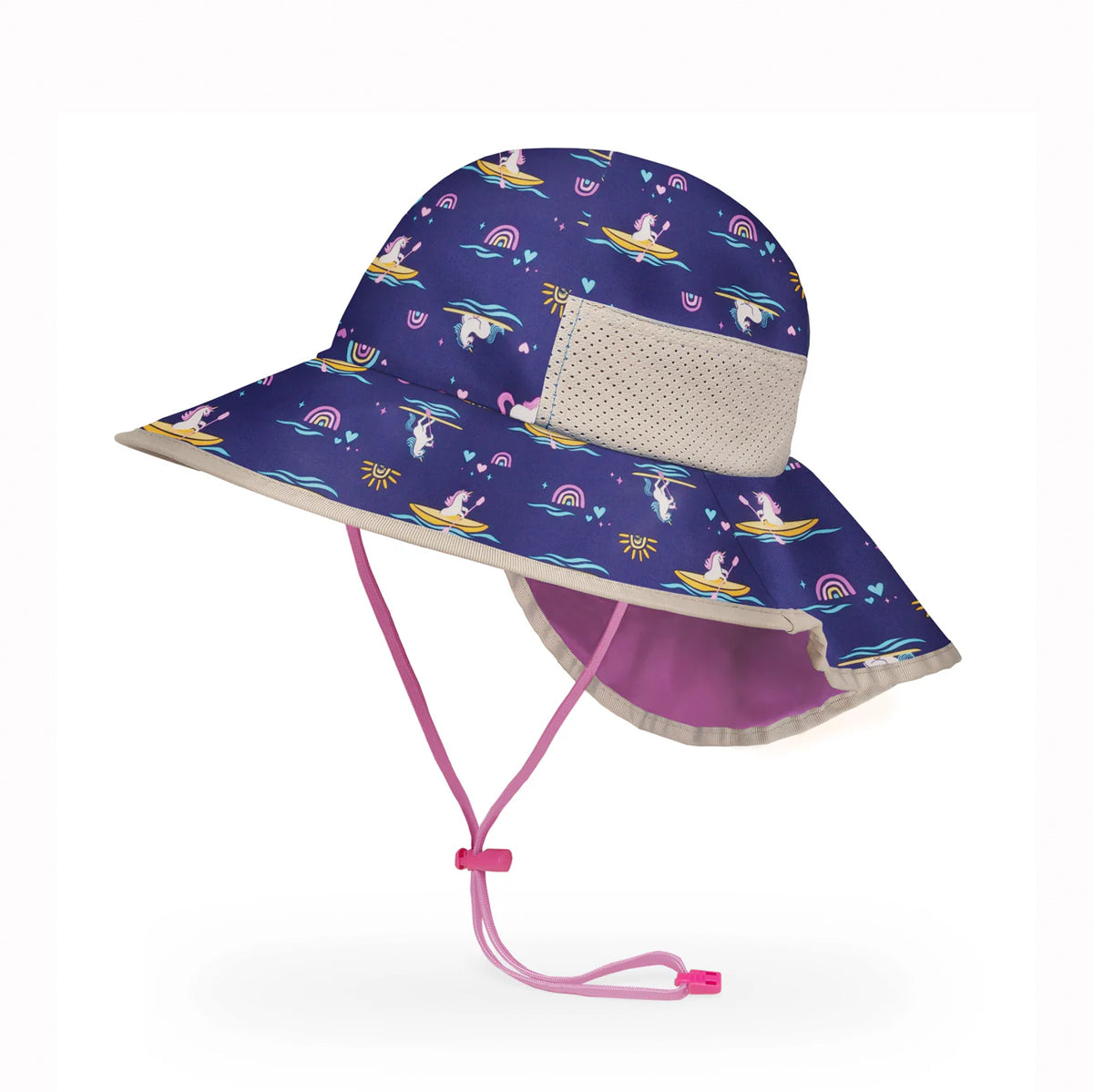 Children's sun hat with colorful unicorn design on a white background