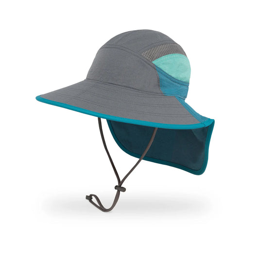 Gray and teal kids sun hat with a chin strap on a white background