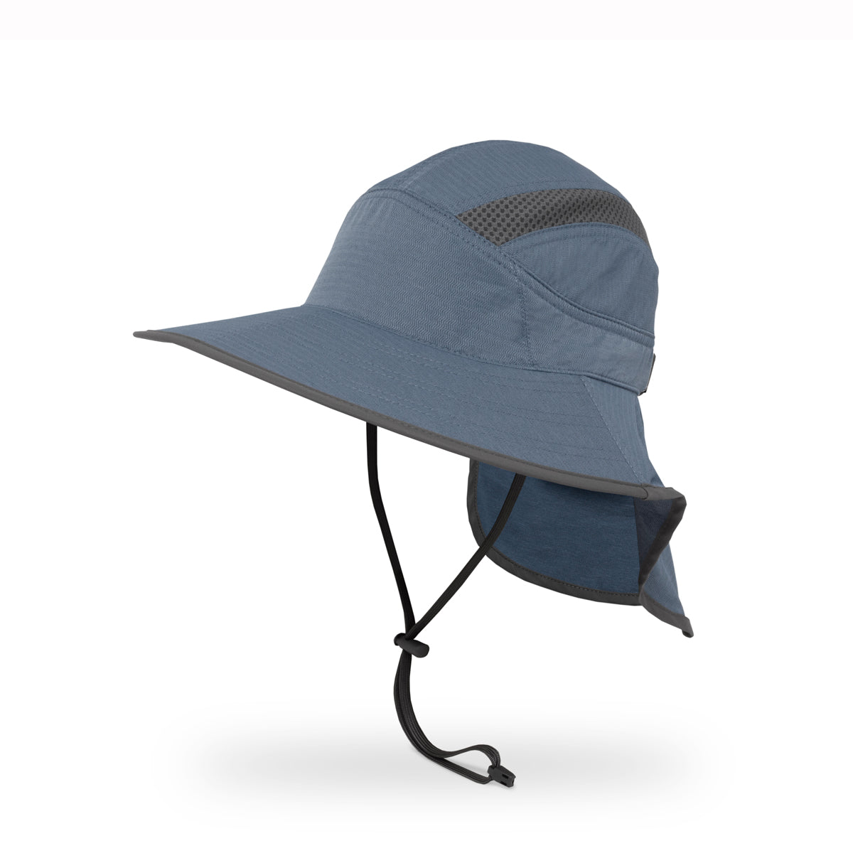Blue kids sun hat with neck flap on a white background