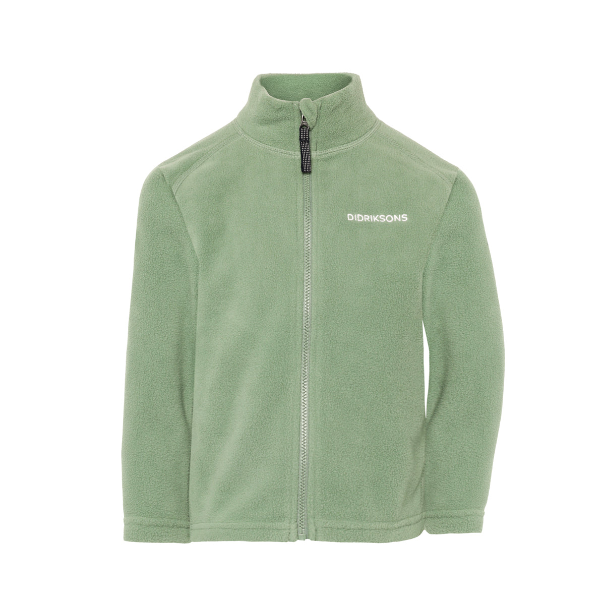 Green fleece kids jacket with a brand logo on a white background