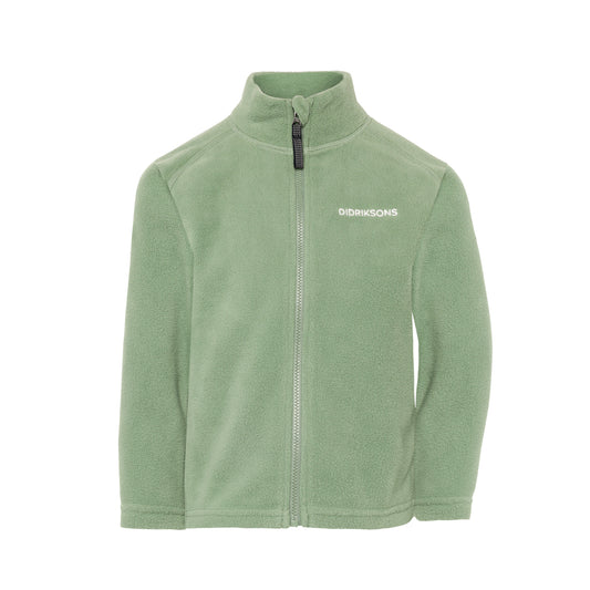 Green fleece kids jacket with a brand logo on a white background
