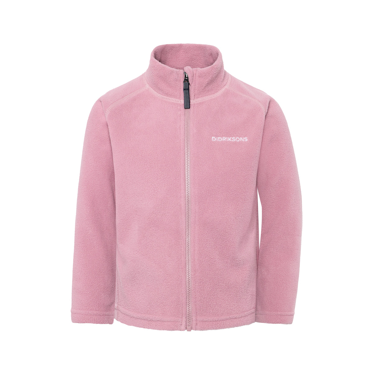 Pink fleece kids jacket with a brand logo on a white background