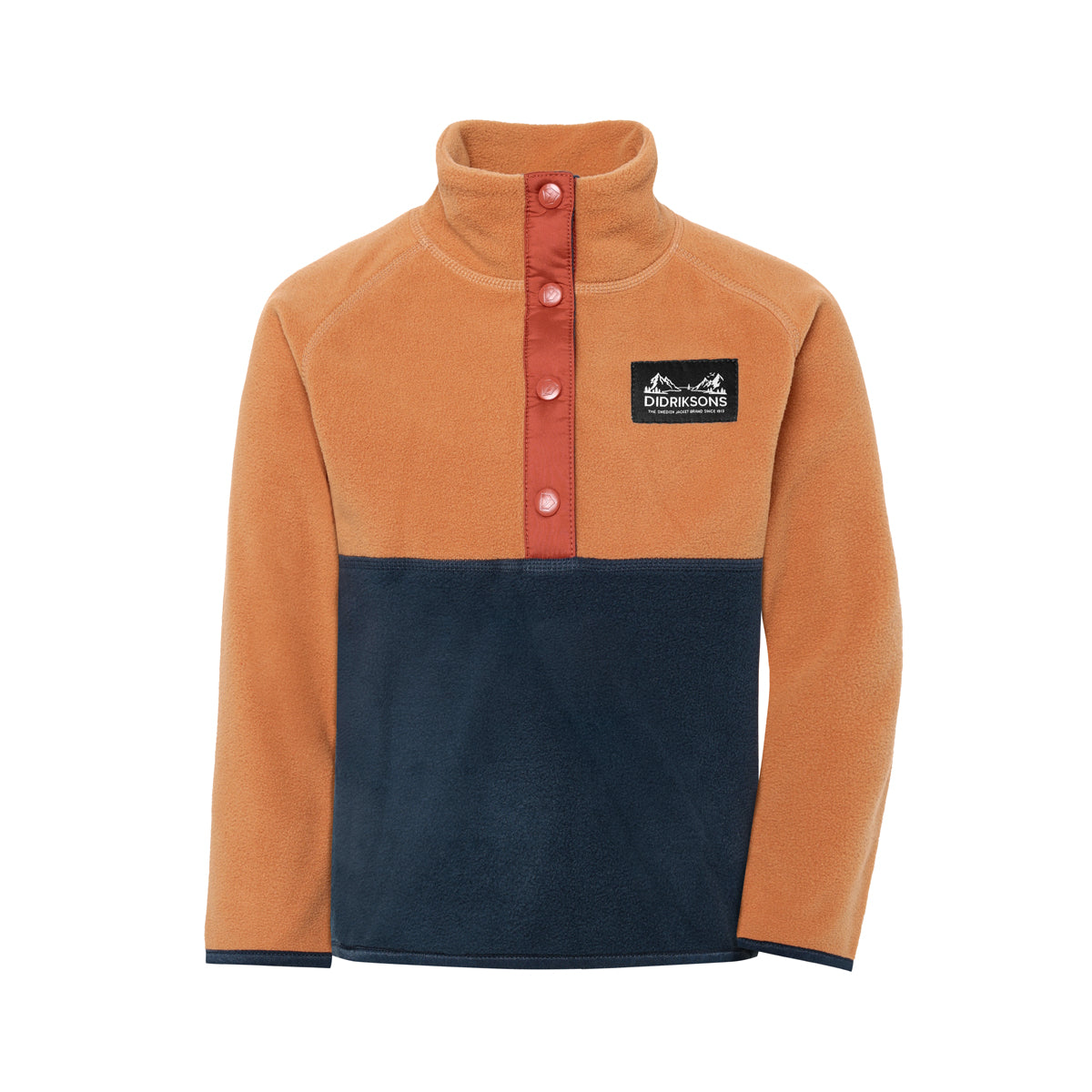 A long-sleeve fleece pullover jacket with a color-blocked design, featuring a camel brown upper section, a dark navy blue lower section, and a rust red button placket with a black D'Kirkons logo patch on the chest.