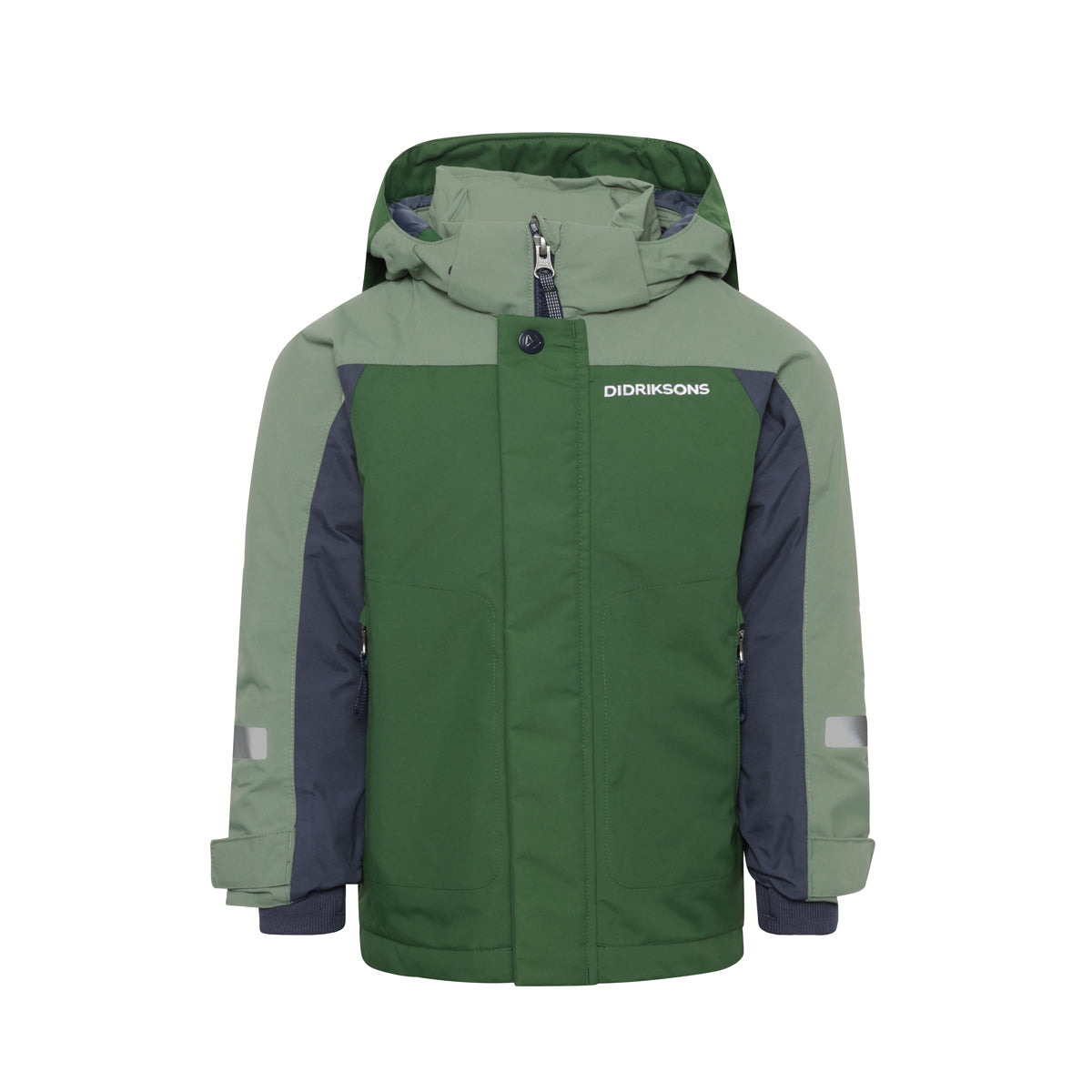 Green and navy jacket with Boys Didriksons logo on a white background