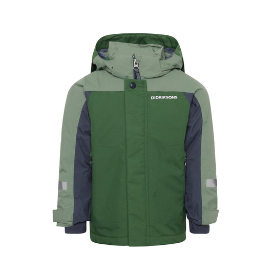 Green and navy jacket with Boys Didriksons logo on a white background