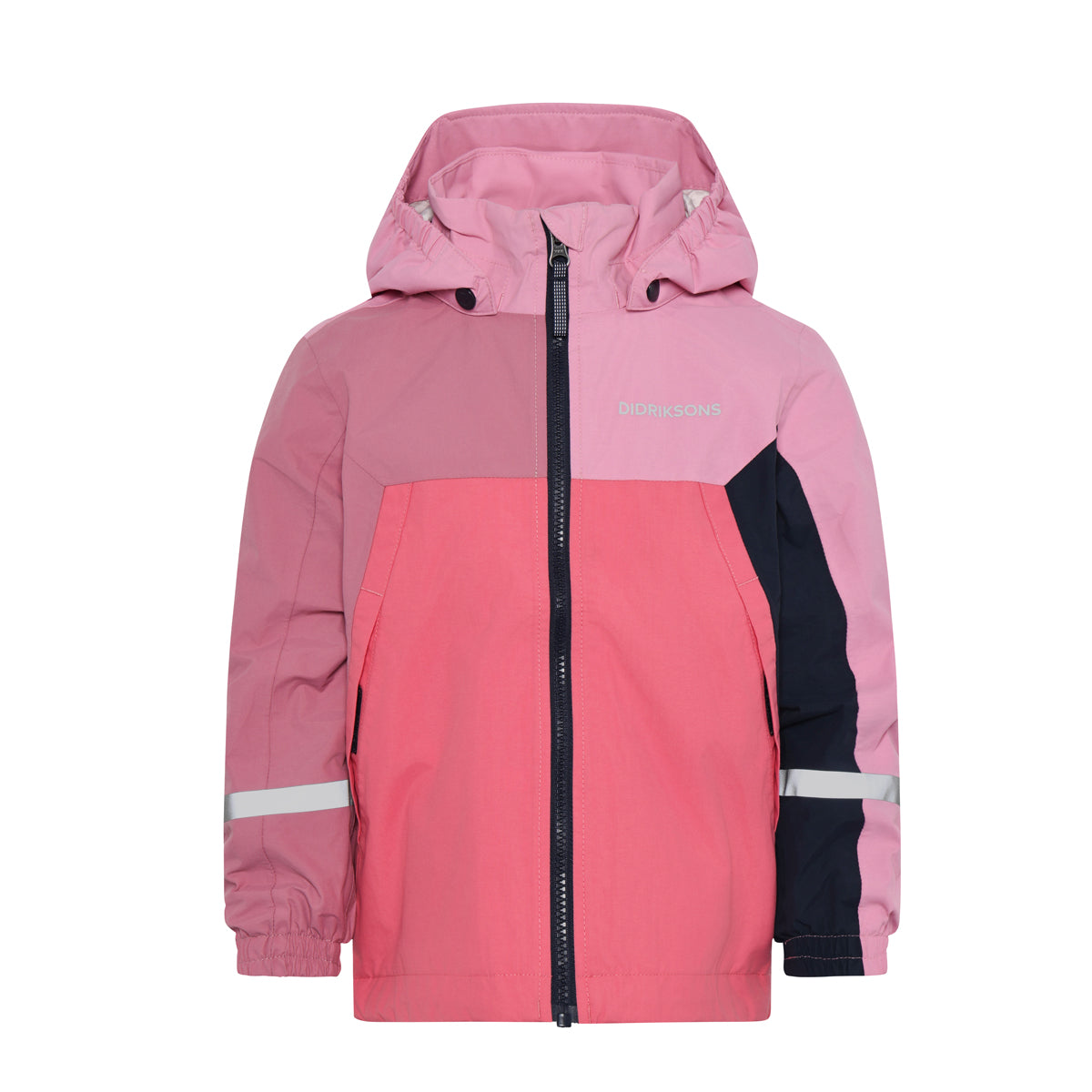 Pink and coral kids jacket with a hood on a white background