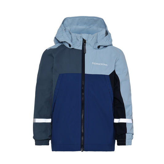 Two-tone blue and gray kids jacket with a brand logo on a white background