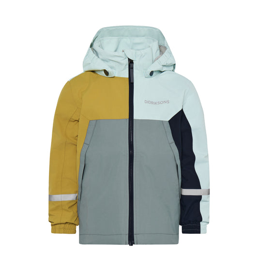 Color-blocked boys jacket with mustard, gray, and light blue sections on a white background