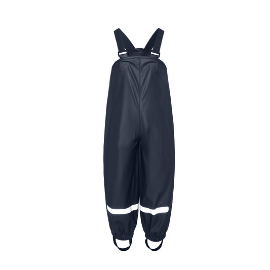 Navy blue kids waterproof dungarees with braces and under foot straps on a white background