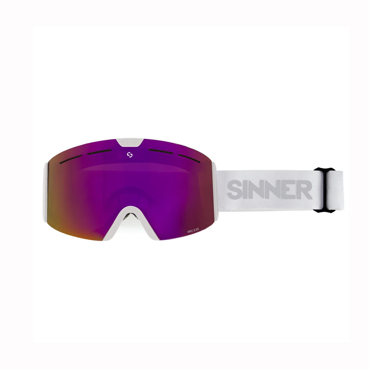 Sinner kids and teens ski goggles with purple lens and white strap on a white background