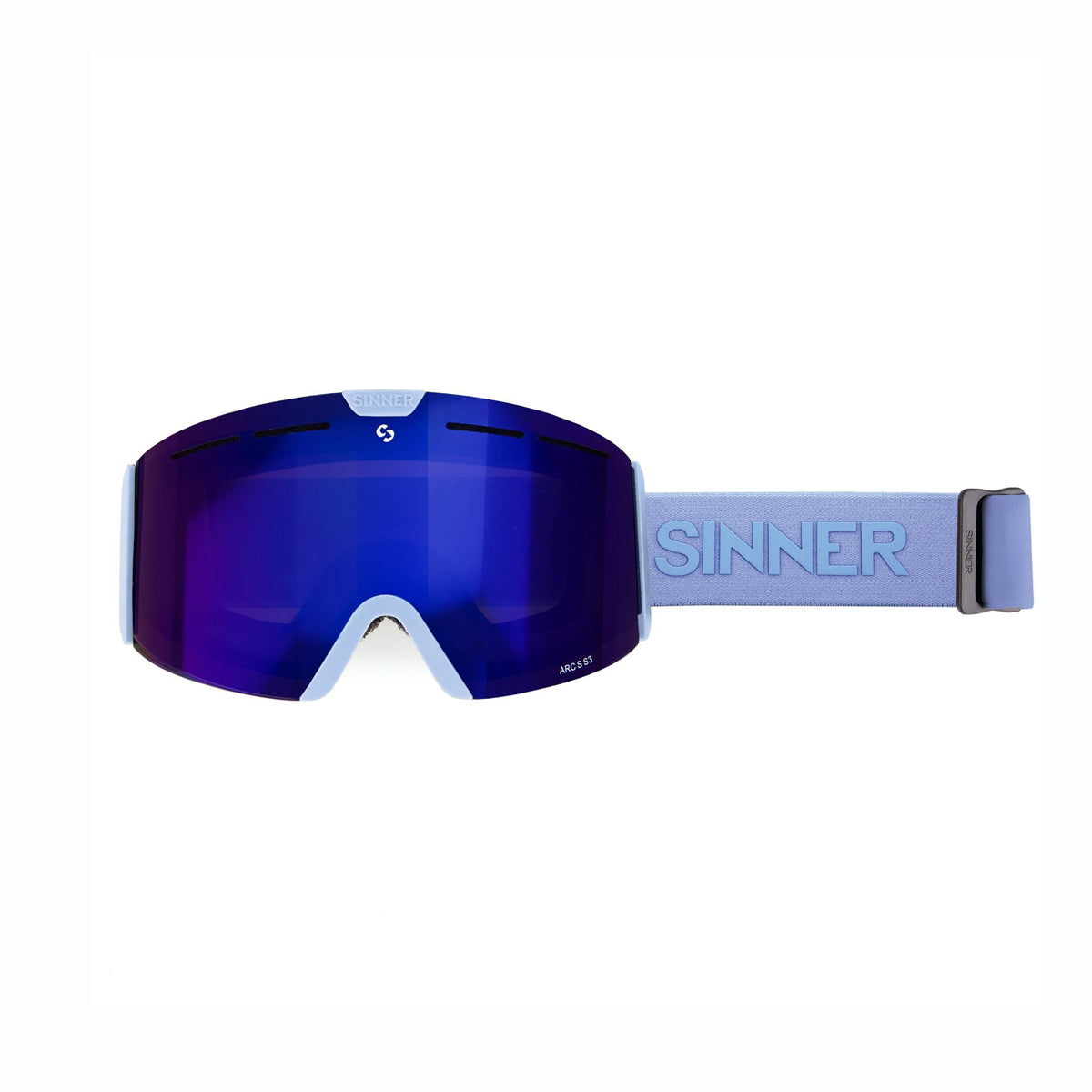 Blue kids and teens goggles with a white strap displaying the brand 'Sinner' on a white background
