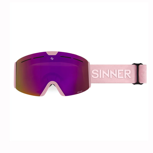 Pink kids ski goggles with 'Sinner' branding on a white background