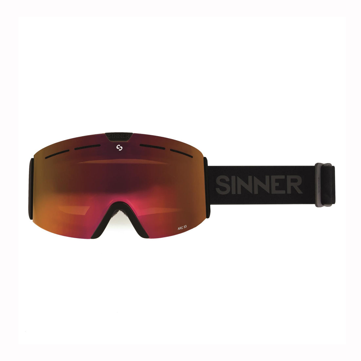 Sinner kids and teens ski goggles with red lens and black strap on a white background