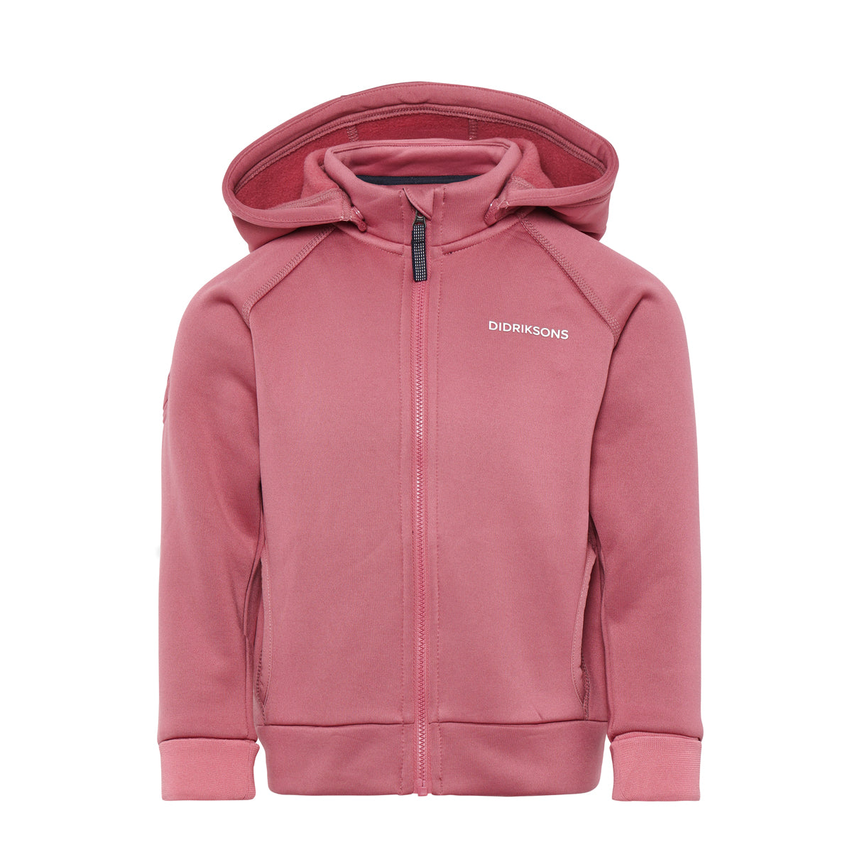 Pink kids zip up fleece jacket with hood on white background