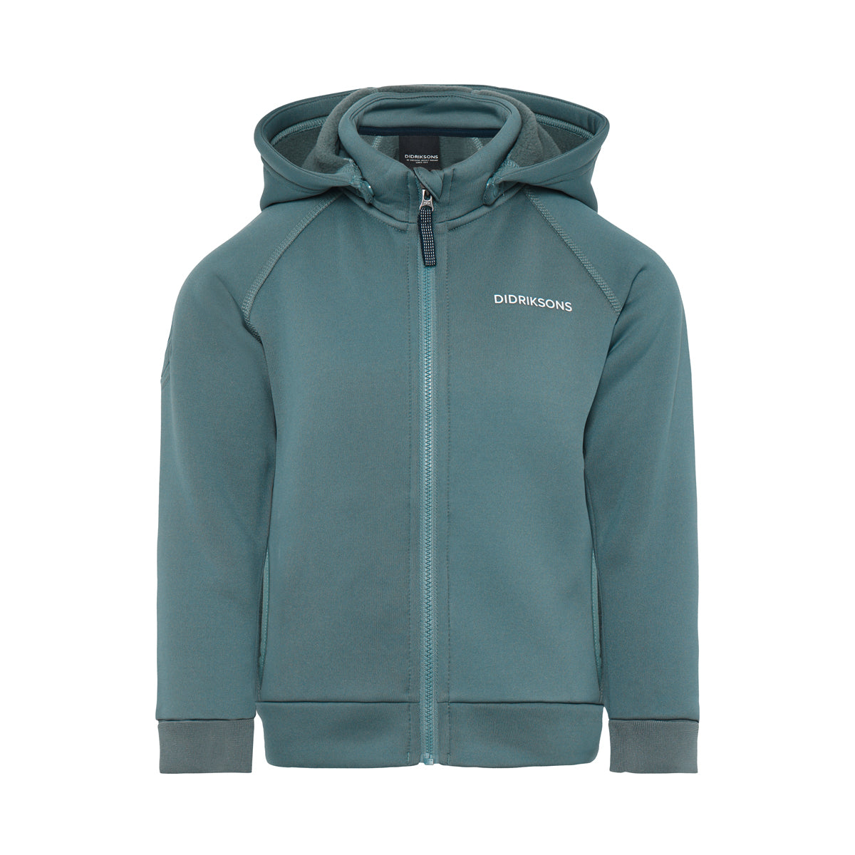 Blue kids zip up fleece jacket with hood on white background