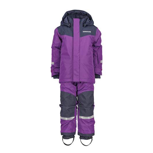 Purple and gray children's snowsuit with reflective accents on a white background