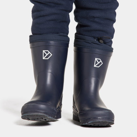 Navy blue rubber boots with logo on a white background