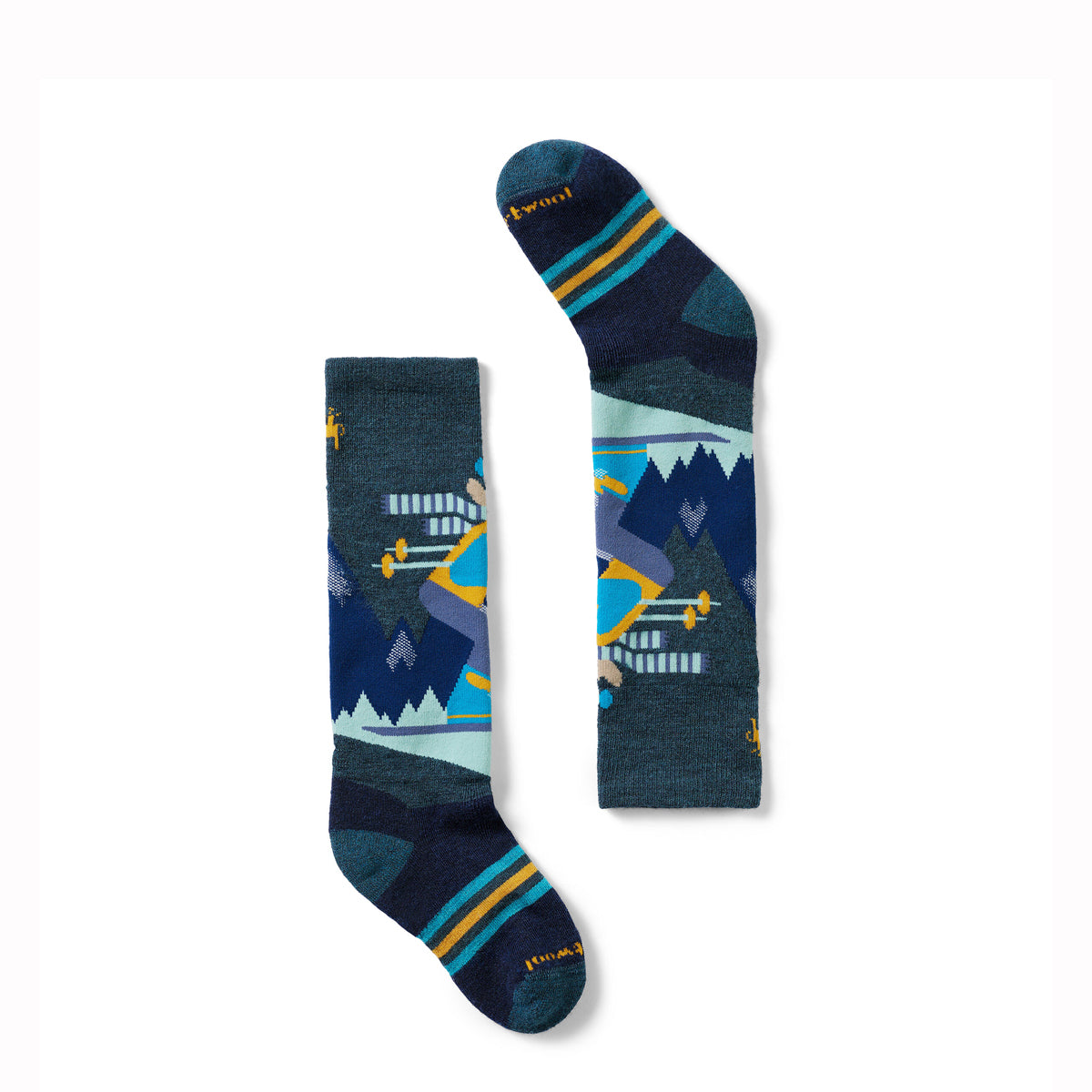 Kids ski socks in blue with moose skiing graphic