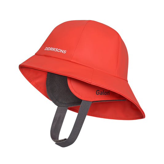 Red kids rain hat with gray strap on a white background