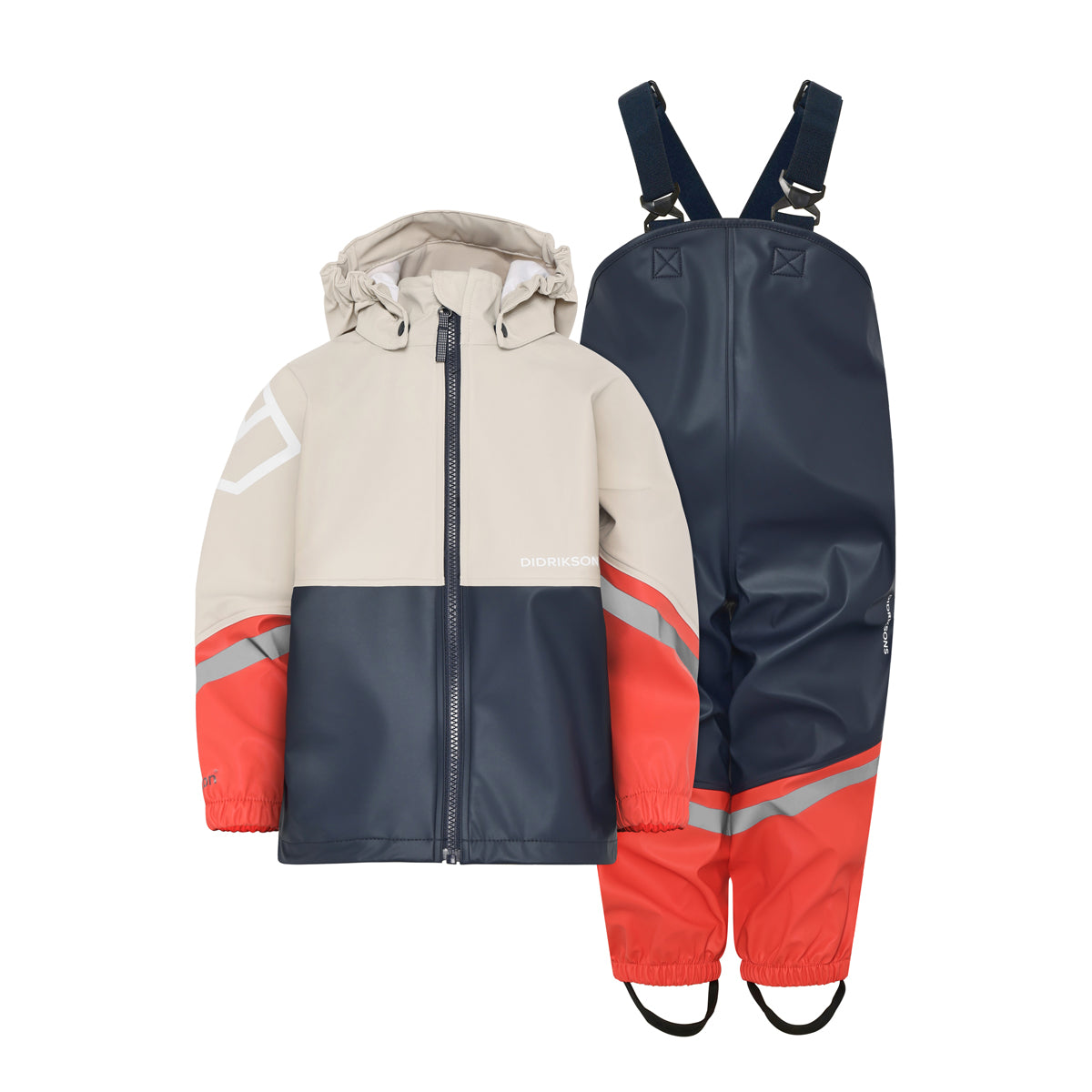 Children's waterproof suit with beige, navy, and red colours on a white background