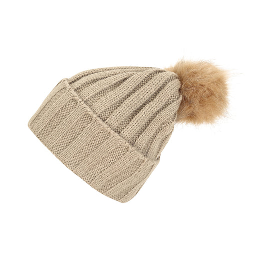 Skogstad girls ribbed knit bobble hat in beige with faux fur bobble