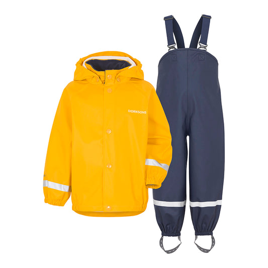 Didriksons Slaskeman waterproof yellow jacket and navy blue dungarees for children aged 1 to 11 years