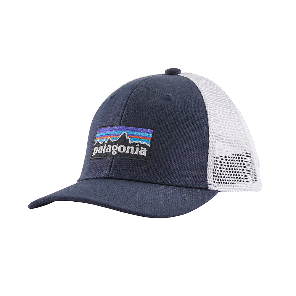 Patagonia Kids Trucker Hat with navy front white mesh back and Patagonia Logo