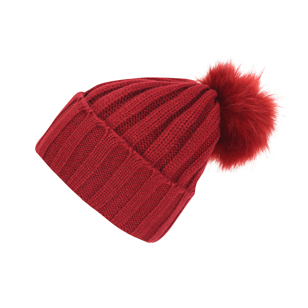 Skogstad girls ribbed knit bobble hat in red with faux fur bobble