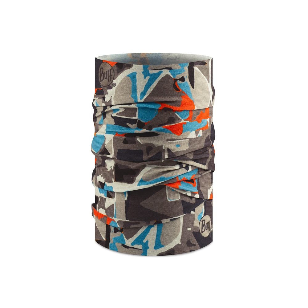 Kids Buff neck warmer in a camo style grey orange pattern