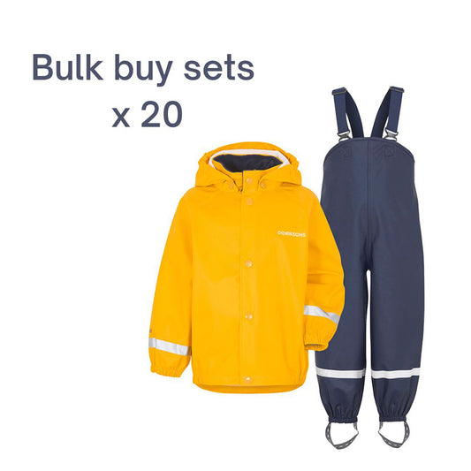 Schools bulk buy of 20 waterproof sets with yellow jacket and navy dungarees