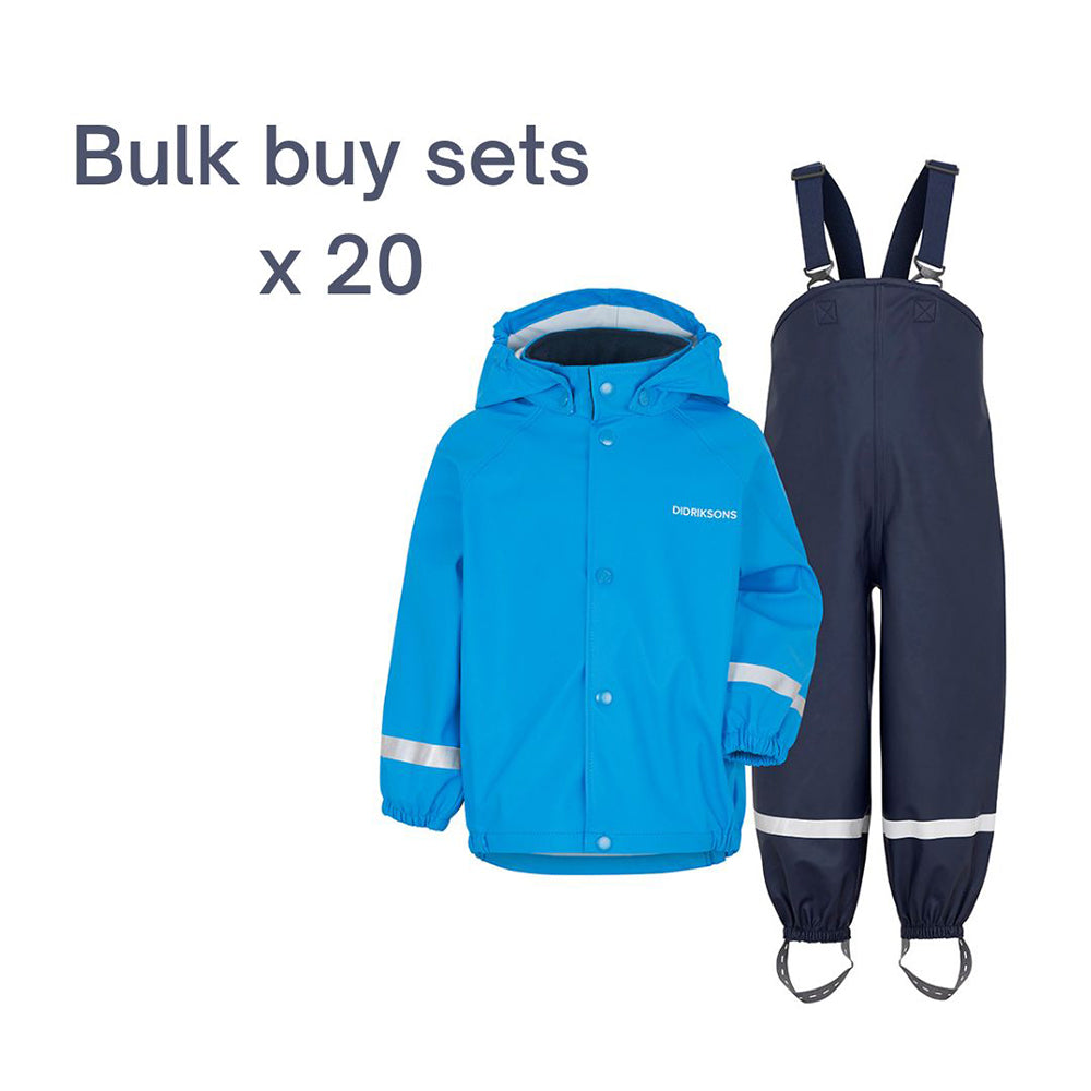 Schools bulk buy of 20 waterproof sets with blue jacket and navy dungarees