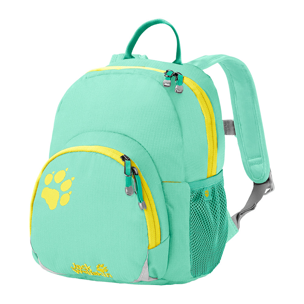 Jack Wolfskin Toddler boys and girls preschool backpack in green with a yellow zip and paw print