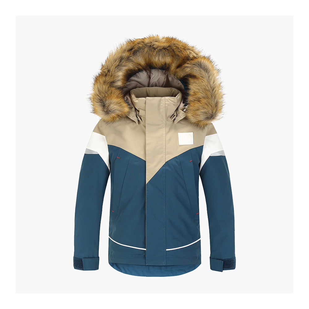 Skosgatd kids winter jacket in blue and beige with faux fur hood trim